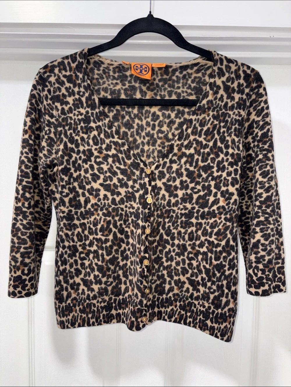 Tory Burch Leopard-Print Button Cardigan in Beige, Black & Brown
